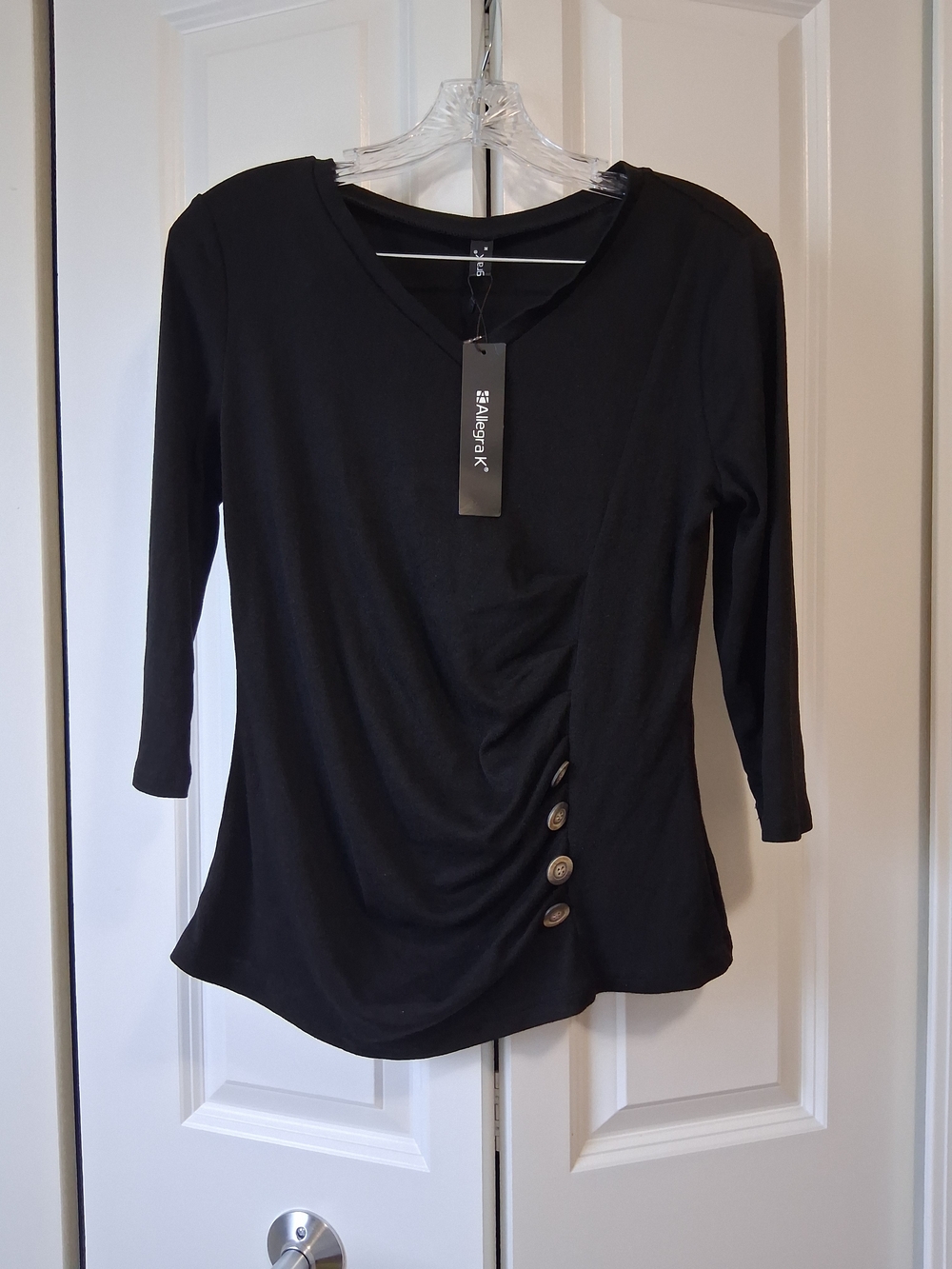 Allegra K Black V-Neck Long Sleeve Top with Side Buttons